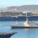 USS Coronado passes USS Carl Vinson as she arrives in San Diego for commissioning