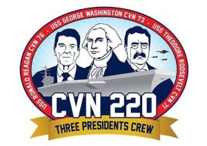 To commemorate the 1,400 sailors who will serve aboard three carriers, Reagan sailor MC3 David Frederick came up with a crew logo that includes a bust of each president and hull number CVN 220 — the sum of Reagan (CVN 76), Theodore Roosevelt (CVN 71) and Washington (CVN 73). (Photo: Navy)