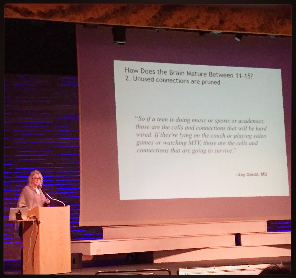 Keynote speaker Diana Divecha, Ph.D., explained what drives young teen behavior.