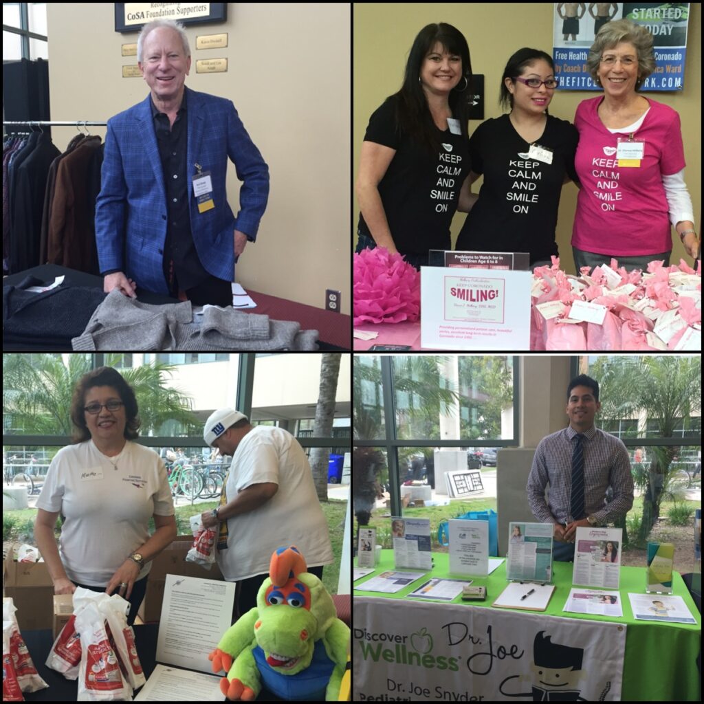 Some of the sponsors of the 4th Annual Parenting Conference were there to greet attendees. Clockwise from Top Left: Title Sponsor Bradys Menswear, Title Sponsor Millberg Orthodontics, Event Sponsor Discover Wellness with Dr. Joe, and Event Sponsor Coronado Pediatric Dentistry