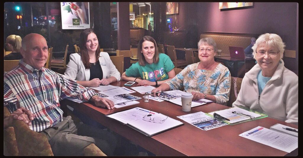 A Coronado Relay For Life Committee Meeting was held on Monday, February 8, 2016 at Panera. Left to Right: Jim Kaufman (Rotary Club of Coronado), Katie Foster (Community Manager, California Division), Sarah Callahan (Coronado Relay For Life Chairperson), Betsy Vernetti (Coronado Woman's Club), and Carol Grimaud.