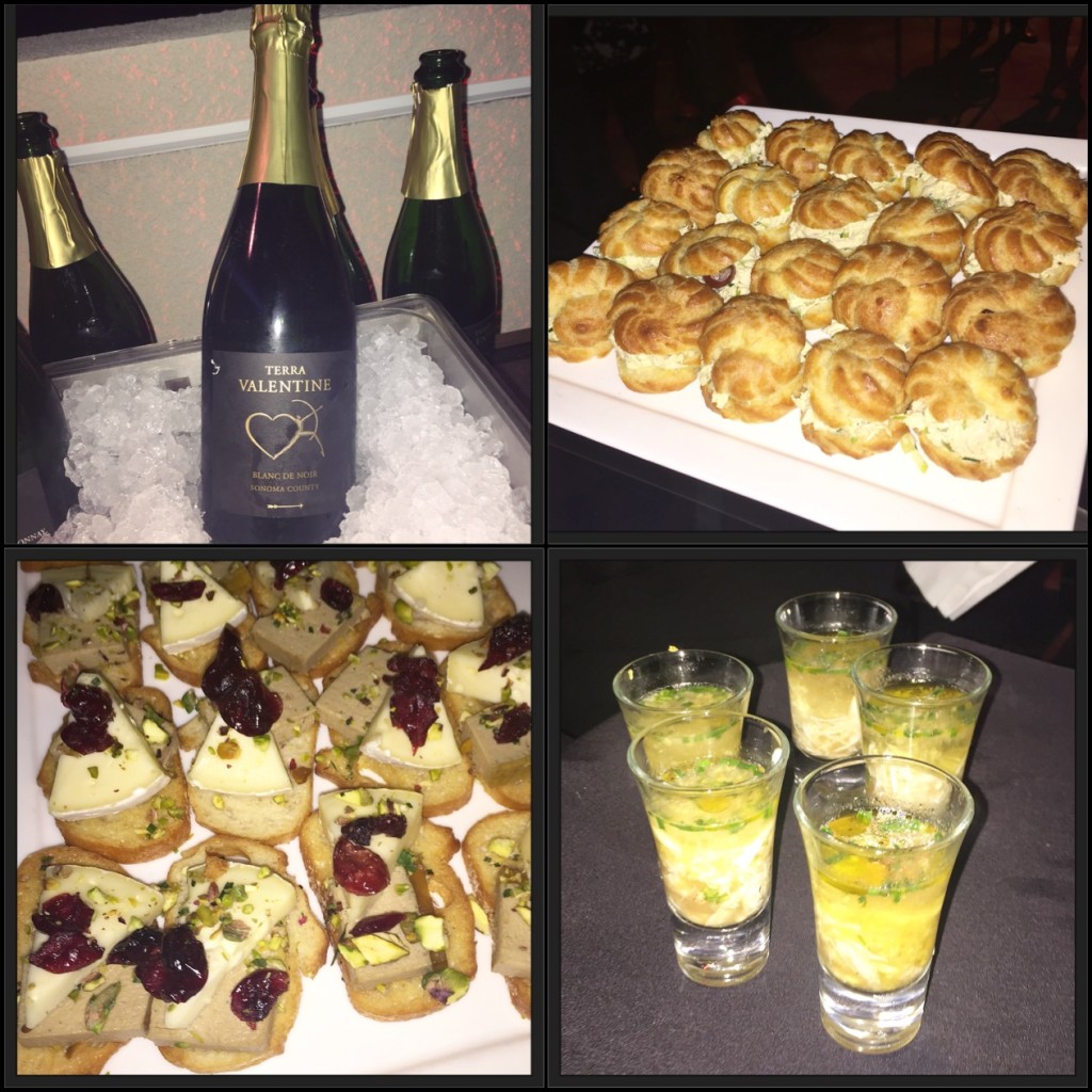 Reception hors d'oeuvres and drinks included from top left clockwise: Terra Valentine's Blanc de Noir; profiteroles with chicken, julienne grapes, and curry aioli; tomato water gazpacho with crab and avocado; and duck prosciutto with brie and pistachio pesto.