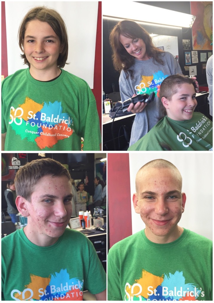 Top: Nick Ward, age 13, had his head shaved by barber Julie Westburg. Bottom: Noah Schmid, age 15