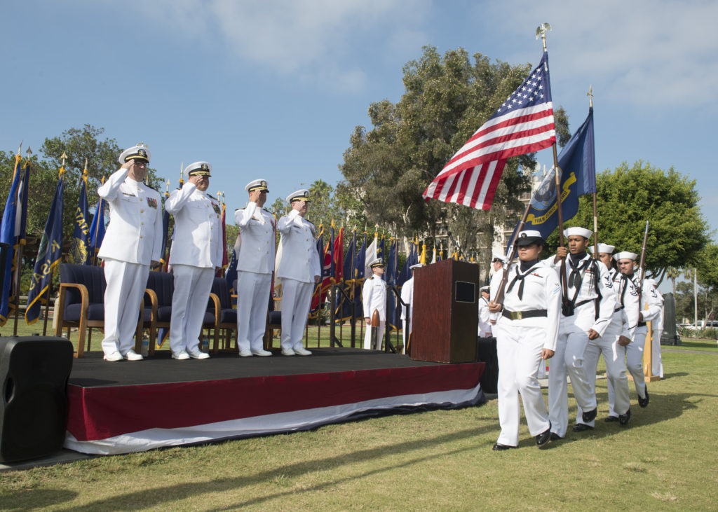 161014-N-KB426-012 CORONADO, Calif. (Oct. 14, 2016) Sailors parade the colors during a change of command ceremony for Explosive Ordnance Disposal Group One (EODGRU-1) aboard Naval Amphibious Base Coronado. EODGRU-1 mans, trains, equips and sustains seven subordinate commands and their 35 EOD platoons and seven MDS companies in support of Northern, Pacific, Africa, Southern and Central Command. U.S. Navy EOD is the worldÕs premier combat force for countering explosive hazards and conducting expeditionary diving and salvage. (Photo by Petty Officer 3rd Class James Vazquez/Released)