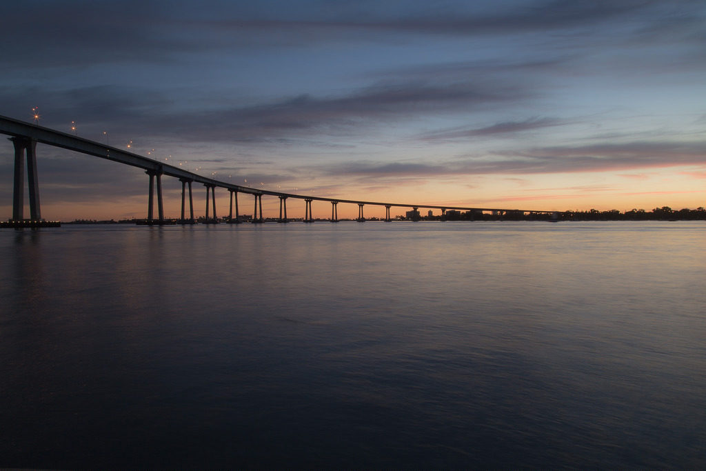 San Diego-Coronado Bay Bridge at sunset looking towards tidelands