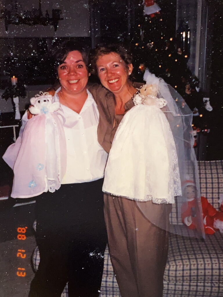 Celtic Corner founder Marjorie Logan with her sister Morag Logan in December 1988 when Tricia Logan-Locke’s aunt was visiting from Canada, and they came up with the idea of dressing teddy bears; the first designs were a bride and bridesmaid bears for a family wedding.