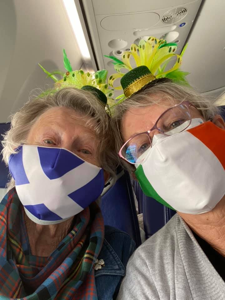Marjorie (left) with a Scottish flag face mask and Logan-Locke with an Irish face mask head to Las Vegas in March 2021 to celebrate Logan-Locke’s birthday, which is on St. Patrick's Day.