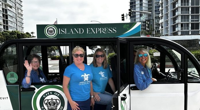 Emerald Keepers dressed in blue shirts are taking the Island Express.