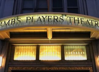 Photo of front marquee on Lamb's Players Theater