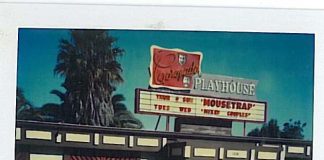 Coronado Playhouse marquee for "Mousetrap" and "Mixed Couples." Date unknown. Courtesy of the Coronado Historical Association.