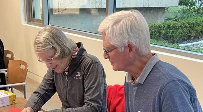 Lego® Workshop for Adults: Build a Yellow Travel Suitcase Couple putting together Legos