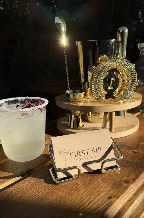 First Sip mobile bar set up. First Sip mobile bar set up.