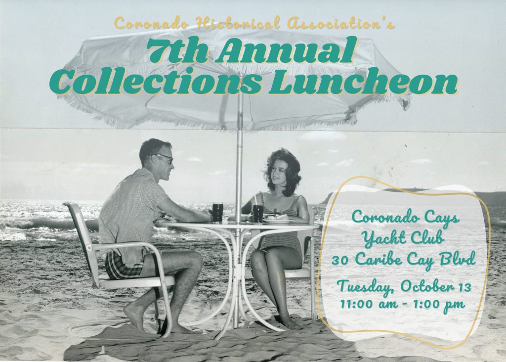 2026 7th Annual CHA Collections Luncheon Invite Image, historic photo of a man and woman eating lunch at a patio table on Coronado beach, c. 1960. 