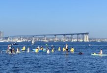 SD Climate week paddle out in Glorietta Bay with bridge in background.