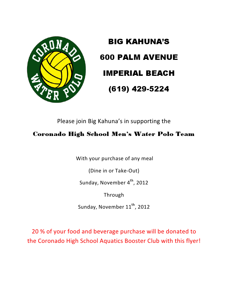 Support CHS Boys' Water Polo by Eating at Big Kahuna's through Sunday